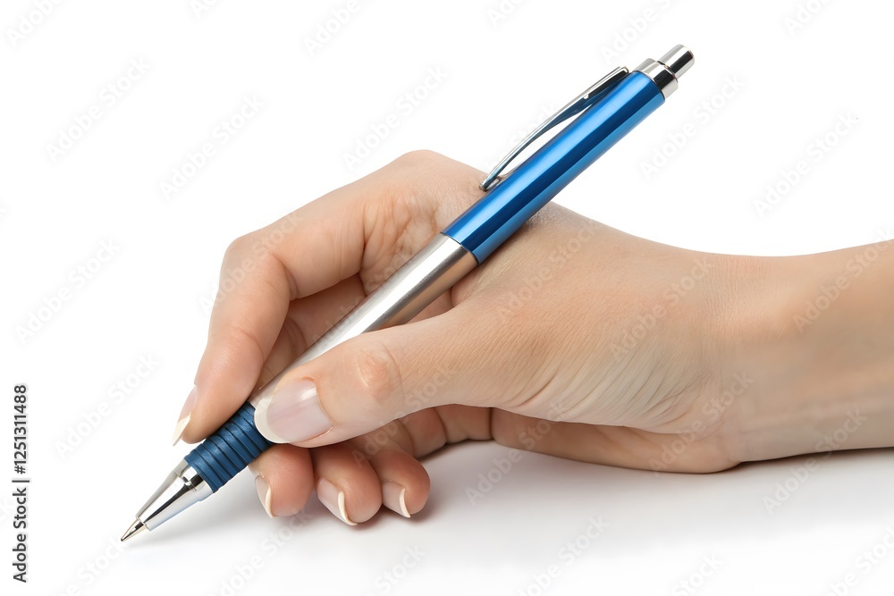 Hand Holding a Blue Pen Ready for Handwriting and Drawing on a White Background Hand Holding a Blue Pen Ready for Handwriting and Drawing on a White Background
