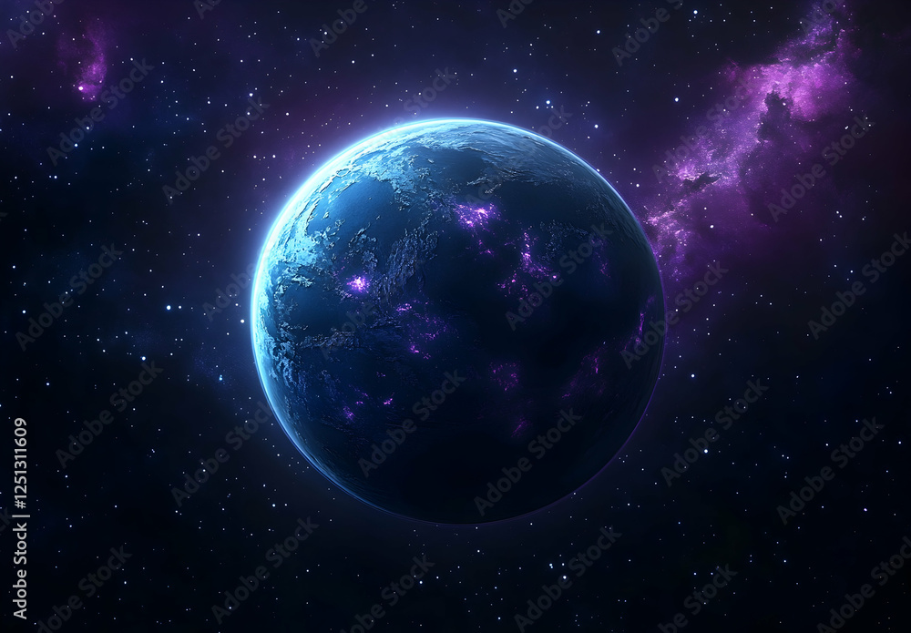 Fototapeta premium Vector cartoon illustration of flat blue planet surface with dark background