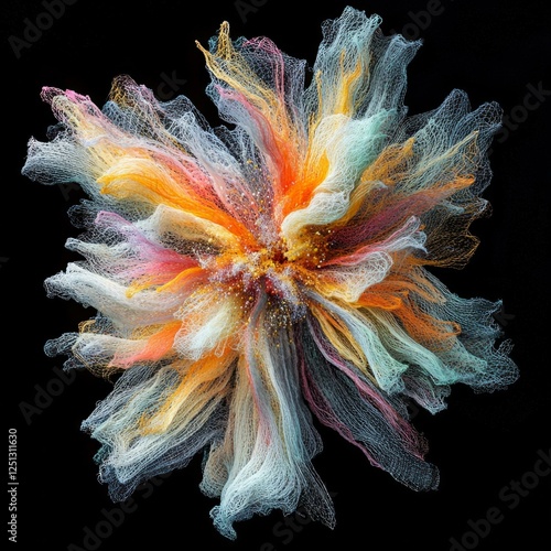 A vivid abstract mesh formation resembling a flower, featuring orange, yellow, pink, and blue hues on a stark black background. the dynamic, lacy textures create a sense of movement and organic flow photo