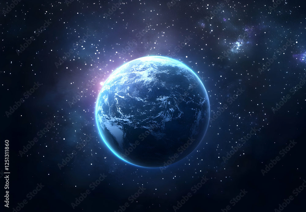 Fototapeta premium Vector cartoon illustration of flat blue planet surface with dark background