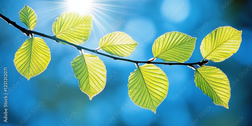 Fototapeta premium Fresh, Vibrant Green Spring Leaves Bathed in Warm Sunlight Against Brilliant Blue Sky