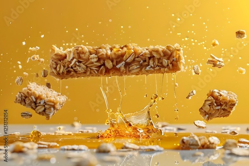 Explosive Oat Bar with Flowing Maple Syrup in Dynamic Food Photography