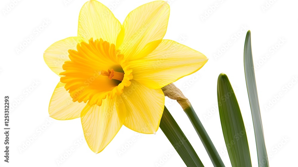 Fototapeta premium A bright yellow daffodil, clean white background, transparent isolate