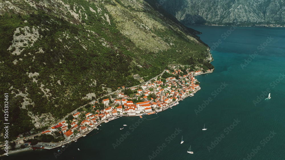 Montenegro. Adriatic Sea. Boko-Kotor Bay. Filming from a drone. Flying over the islands of Blessed Virgin Mary on the cliff and St. George. Montenegro. Adriatic Sea. Boko-Kotor Bay. Filming from a drone. Flying over the islands of Blessed Virgin Mary on the cliff and St. George.