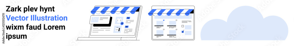 Online storefront with laptop and storefront windows under blue and white striped awnings. Cloud icon to the right. Ideal for e-commerce, online shopping, digital marketing, cloud services, small Online storefront with laptop and storefront windows under blue and white striped awnings. Cloud icon to the right. Ideal for e-commerce, online shopping, digital marketing, cloud services, small