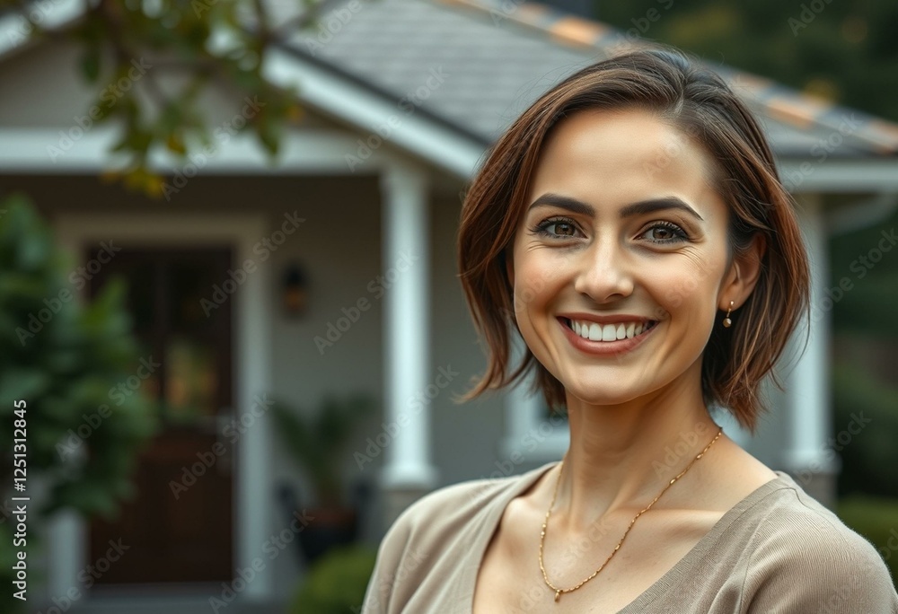 Serene happy female portrait with a private house background Serene happy female portrait with a private house background