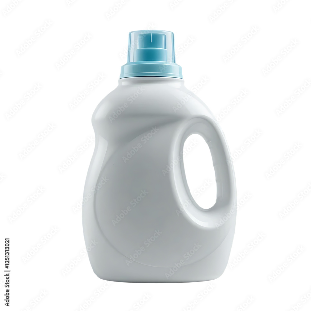 White plastic detergent bottle with a blue cap. The bottle has a built-in handle for easy pouring and a simple, clean design. Isolated on transparent background, png. White plastic detergent bottle with a blue cap. The bottle has a built-in handle for easy pouring and a simple, clean design. Isolated on transparent background, png.