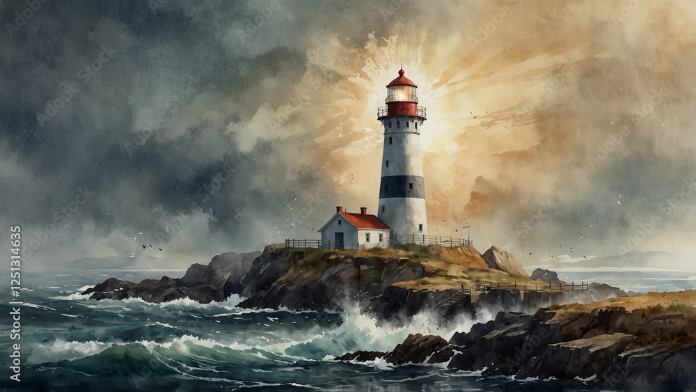 Naklejka premium Majestic Lighthouse Overlooking Turbulent Waves at Sunset