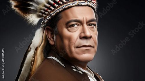 Portrait of a Native American man wearing a traditional feathered headdress, captured in a professional studio setting with high-resolution detail. The serious expression and neutral background emphas photo