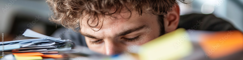 Fototapeta premium Young Man Overwhelmed by Paperwork and Sticky Notes