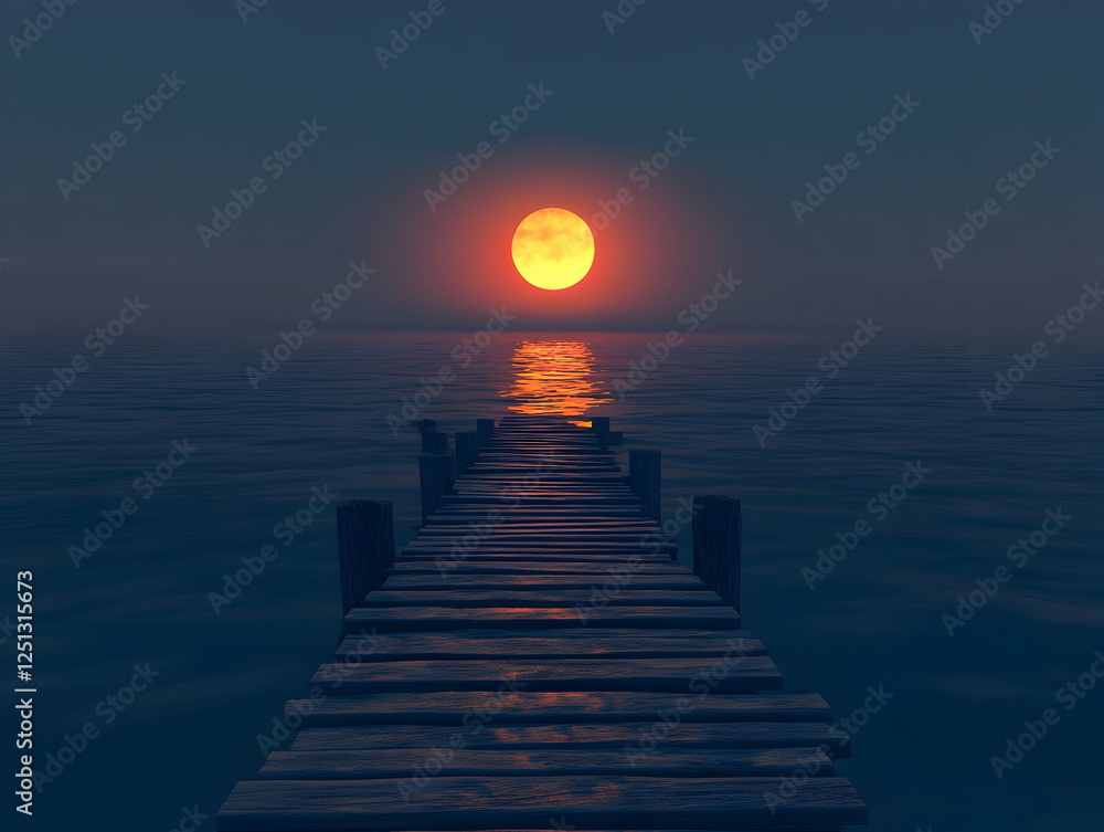 Fototapeta premium Sunset over the sea, with an orange sun setting behind the horizon