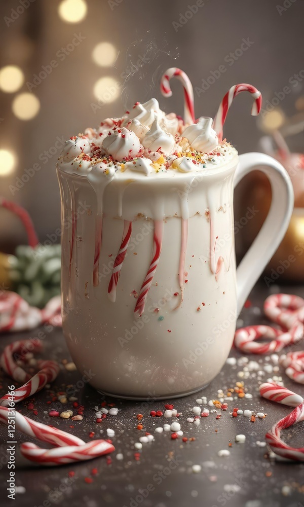 A steaming mug filled with creamy white hot chocolate adorned with sprinkles and crushed candy canes around the rim, scene, hot chocolate A steaming mug filled with creamy white hot chocolate adorned with sprinkles and crushed candy canes around the rim, scene, hot chocolate