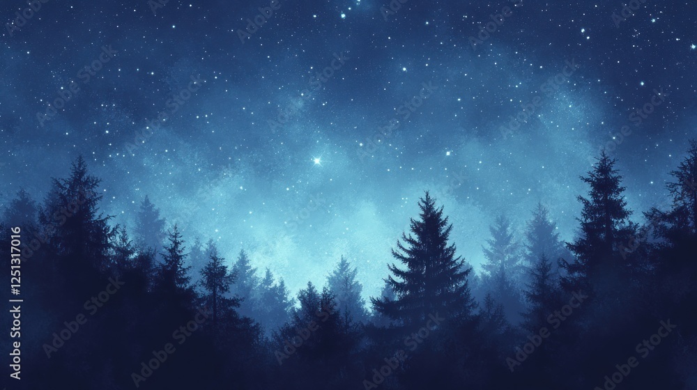 Naklejka premium Starry Night Sky Above a Silhouetted Evergreen Forest