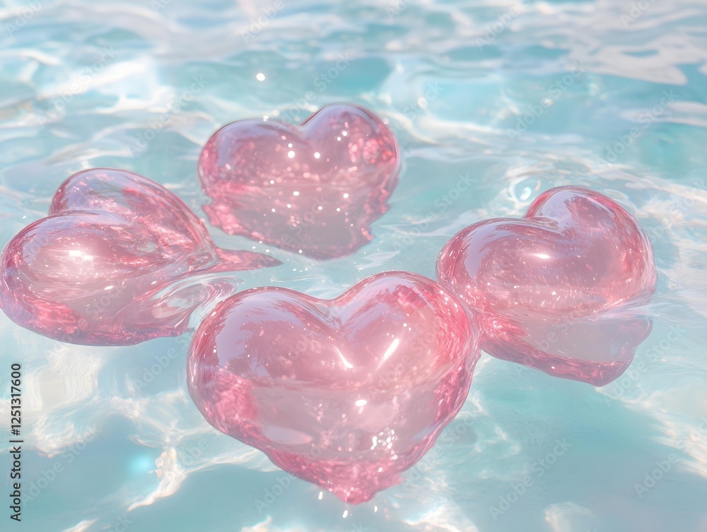 Fototapeta premium pink glossy hearts floating in clear water valentine's day background love theme romantic aesthetic