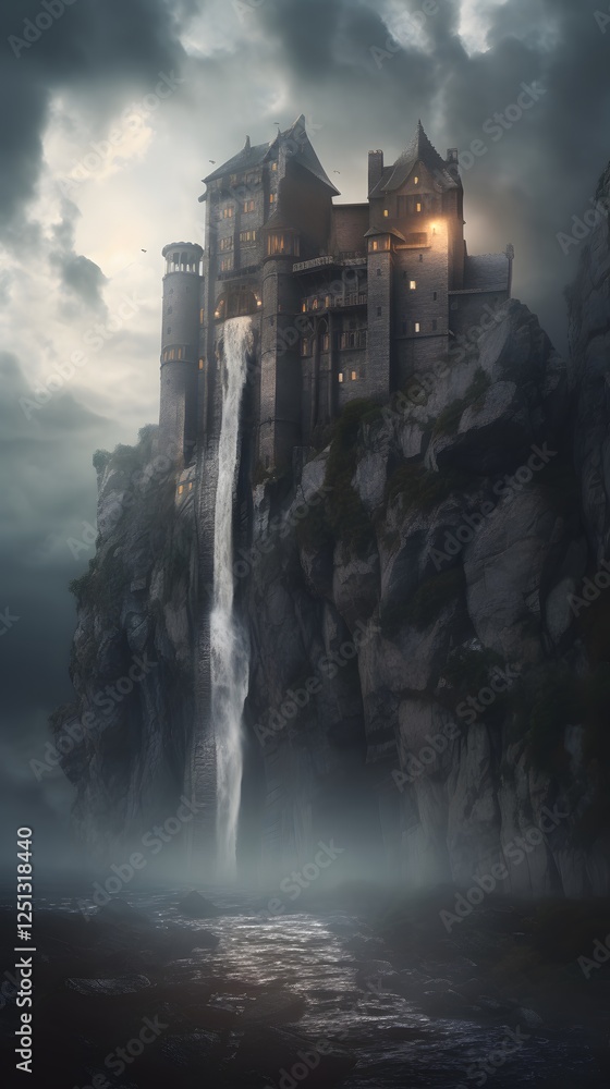 Towering medieval castle perched on a floating island, cascading waterfalls spilling into the clouds below, glowing magical runes etched into ancient stone walls, dramatic overcast sky, magical Towering medieval castle perched on a floating island, cascading waterfalls spilling into the clouds below, glowing magical runes etched into ancient stone walls, dramatic overcast sky, magical