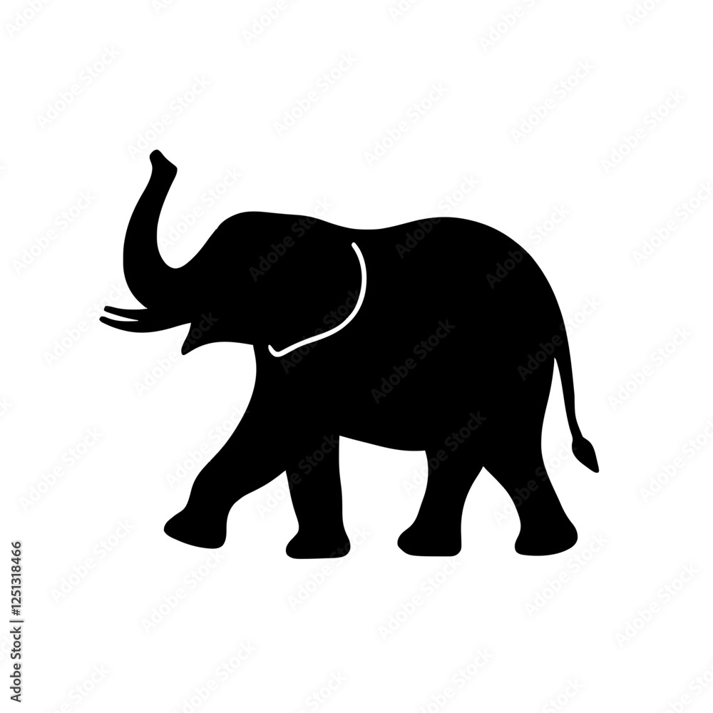 Minimalist black silhouette of an elephant with raised trunk on white background Minimalist black silhouette of an elephant with raised trunk on white background
