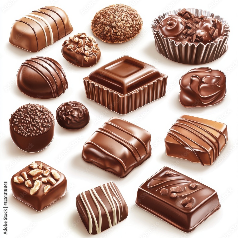 A Mouthwatering Collection of Assorted Chocolates on a Clean Background Ideal for Dessert Lovers and Sweet Treat Enthusiasts A Mouthwatering Collection of Assorted Chocolates on a Clean Background Ideal for Dessert Lovers and Sweet Treat Enthusiasts