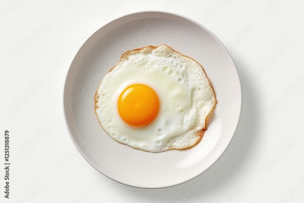 Single Fried Egg on a White Plate with a Soft, Cooked Yolk and Crisp Edges, Perfect for Breakfast or Culinary Decoration Single Fried Egg on a White Plate with a Soft, Cooked Yolk and Crisp Edges, Perfect for Breakfast or Culinary Decoration