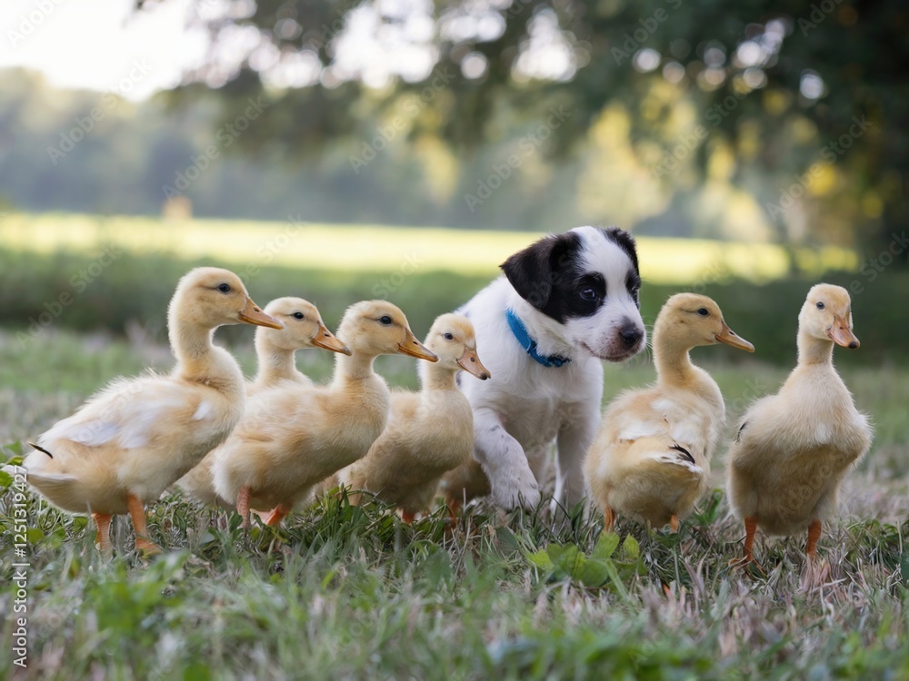 Sweet cute puppy plays with baby ducks Sweet cute puppy plays with baby ducks