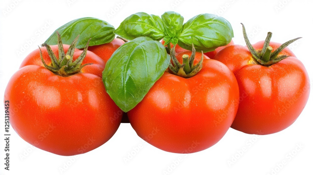 Fresh Ripe Red Tomatoes with Green Basil Leaves on a White Background Fresh Ripe Red Tomatoes with Green Basil Leaves on a White Background
