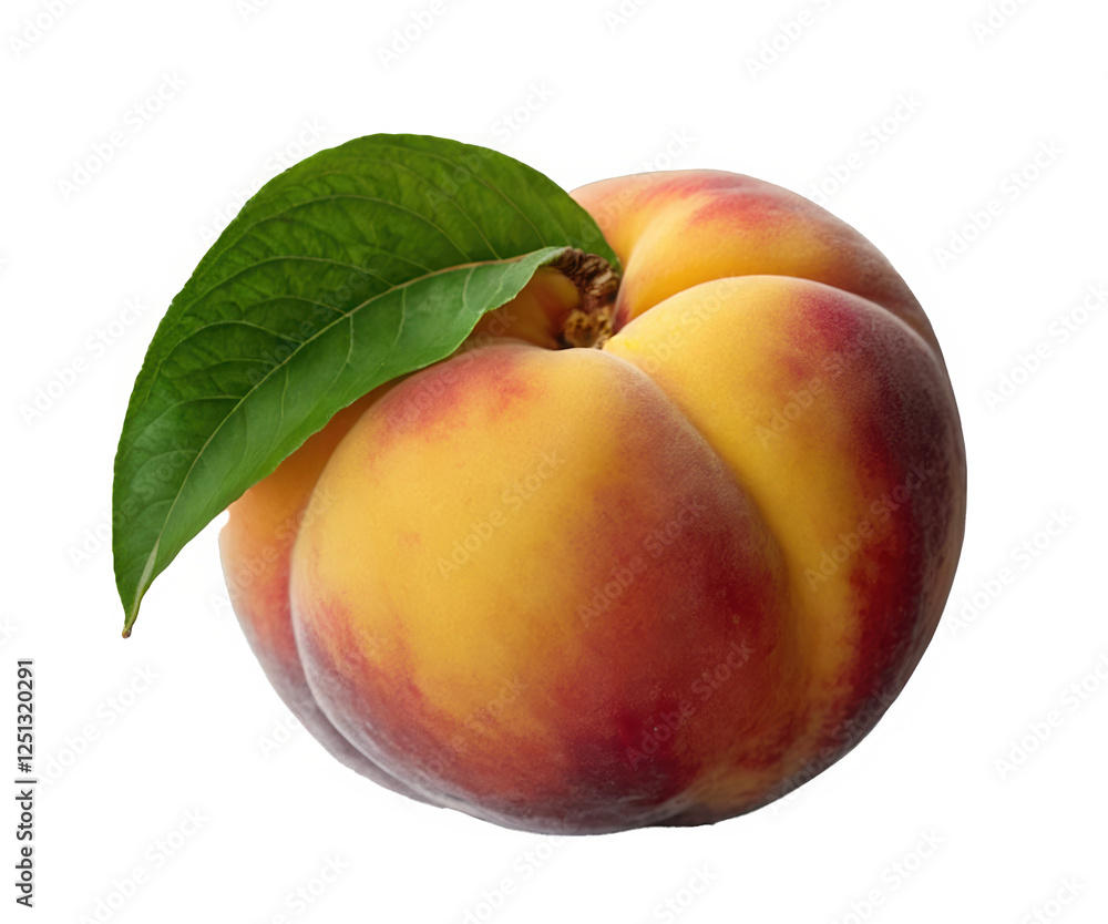 Ripe Peach Fruit with Green Leaf isolated on transparent background cutout Ripe Peach Fruit with Green Leaf isolated on transparent background cutout