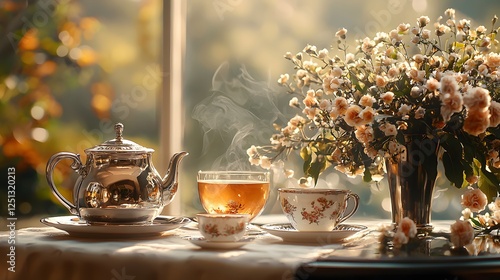 A vase of flowers beside an elegant afternoon tea set in warm tones on a table setting