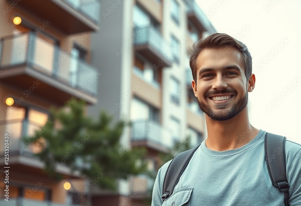 Happy male portrait with residential building background Happy male portrait with residential building background