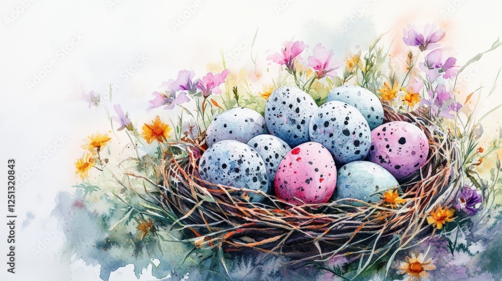 Obraz premium Festive Easter Nest: Watercolor Illustration of Speckled Eggs and Blooming Wildflowers for Renewal Theme