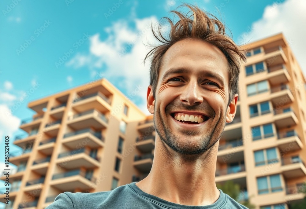 Fototapeta premium Happy male portrait with apartment building background