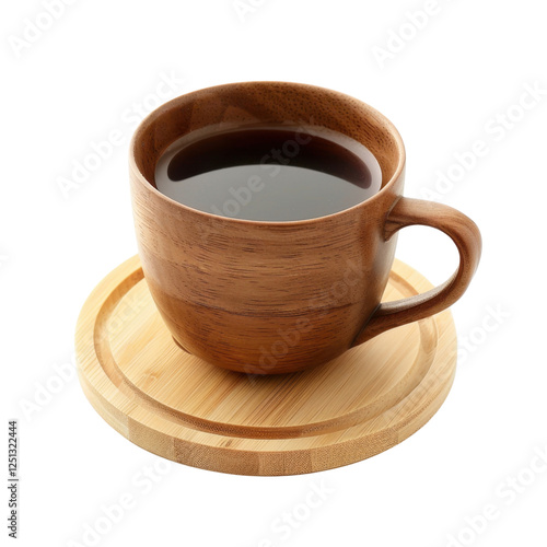 wooden cup filled with dark coffee on bamboo coaster, showcasing natural and rustic aesthetic. Perfect for coffee lovers and home decor enthusiasts photo