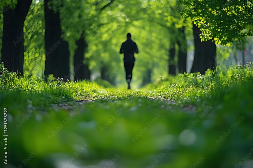 Silhouette Runner on Green Path Through a Lush Forest in Springtime Sunlight Serenity Silhouette Runner on Green Path Through a Lush Forest in Springtime Sunlight Serenity