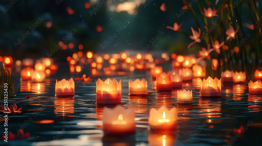 A serene scene with glowing candles floating on water, surrounded by nature, creating a peaceful and enchanting atmosphere. A serene scene with glowing candles floating on water, surrounded by nature, creating a peaceful and enchanting atmosphere.