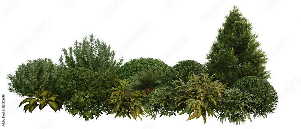 Fototapeta premium 3d render small garden with plants and shrubs on transparent background.