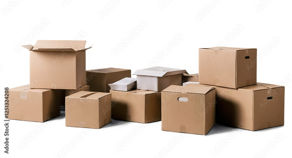 Fototapeta premium Cardboard Boxes Stacked in Various Sizes isolated on transparent background cutout