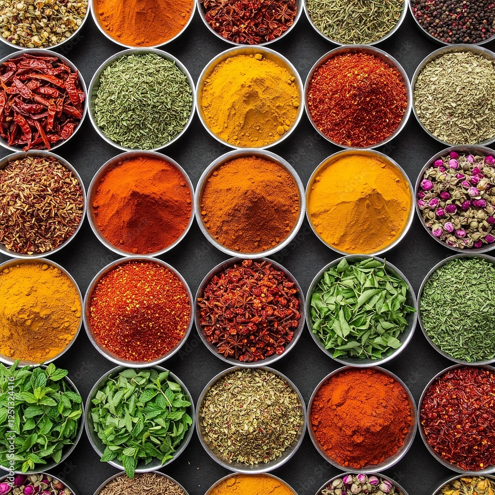 A top-down view of a spice market scene, with piles of colorful spices like chili powder, turmeric, and curry leaves arranged in small bowls, surrounded by fresh herbs and dried flowers. A top-down view of a spice market scene, with piles of colorful spices like chili powder, turmeric, and curry leaves arranged in small bowls, surrounded by fresh herbs and dried flowers.