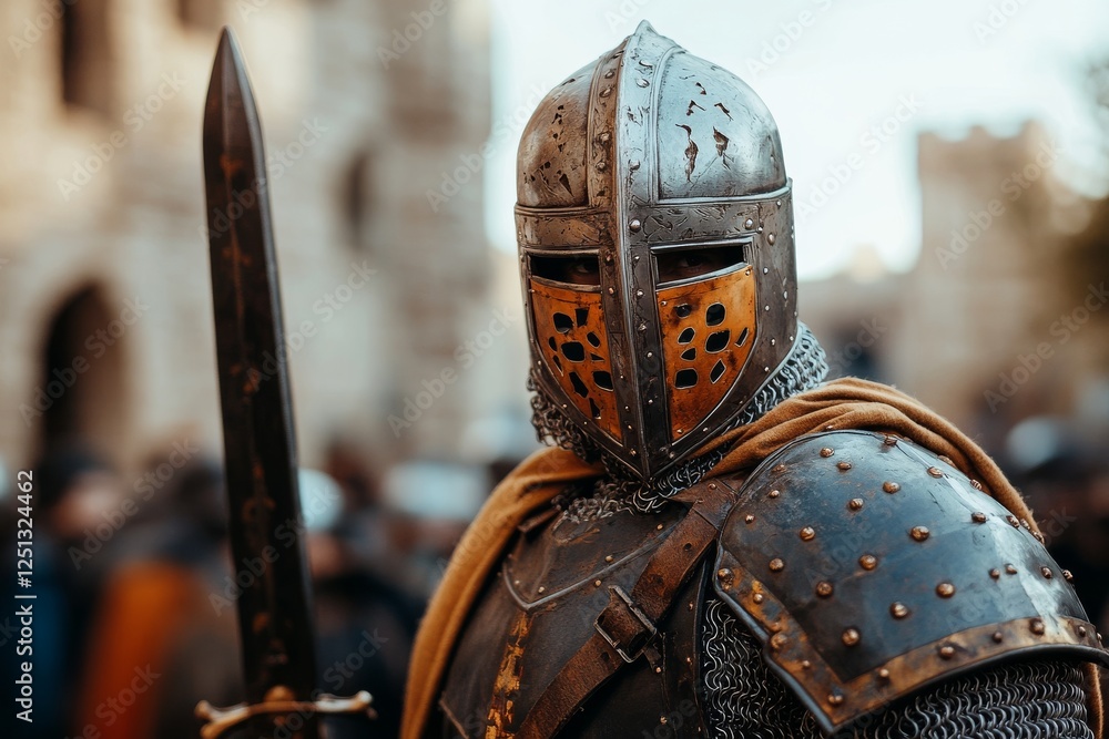 Medieval warrior dressed in armor holding a sword during a historical reenactment in a bustling town square Medieval warrior dressed in armor holding a sword during a historical reenactment in a bustling town square