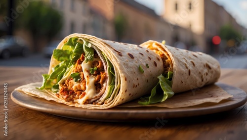 A large burrito with lettuce and cheese on a wooden table