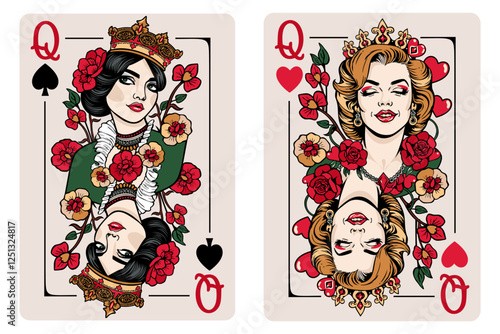 Queen of Spades and Queen of Hearts. Playing cards vector set