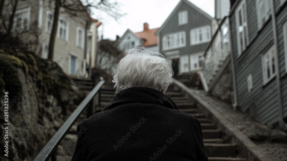 Elderly person with white hair wearing a dark coat walking up stairs between traditional houses on an overcast day  
