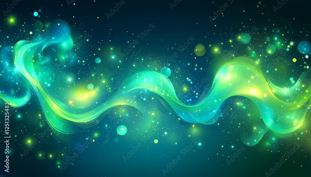 Abstract Luminous Swirling Wave of Emerald Green and Cyan Light with Scattered Particles on Blue Abstract Luminous Swirling Wave of Emerald Green and Cyan Light with Scattered Particles on Blue