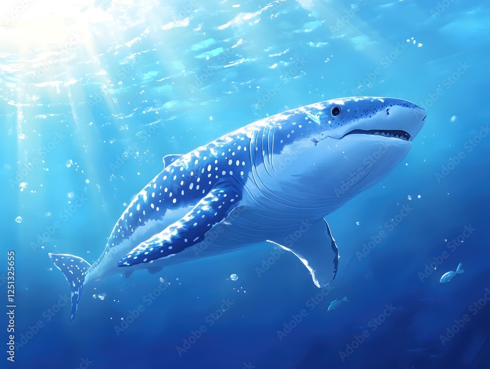 Fototapeta premium Gentle Giant Whale Shark Swimming Gracefully in the Deep Blue Ocean with Sun Rays Shining Through