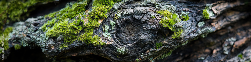 Moss and Lichen Growth on Dark Wood Surface Moss and Lichen Growth on Dark Wood Surface