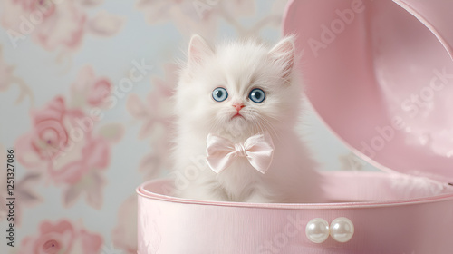 Fluffy white kitten with bright blue eyes and a pink bow tie sitting inside of a pink jewelry box with flower wall paper.
