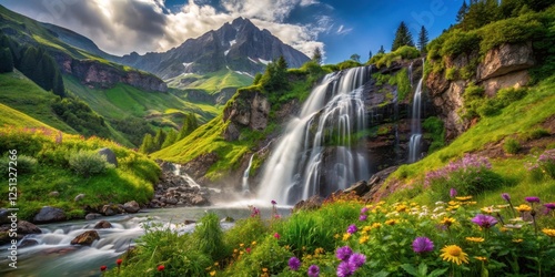 Majestic Waterfall in Lush Greenery, mountain, wildflowers,  mountain, wildflowers, earthy, nature