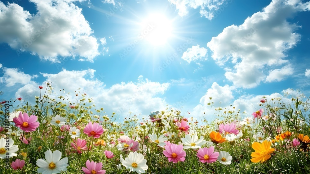 Vibrant cosmos flowers blooming under a bright blue sky with fluffy clouds in a sunny meadow Vibrant cosmos flowers blooming under a bright blue sky with fluffy clouds in a sunny meadow