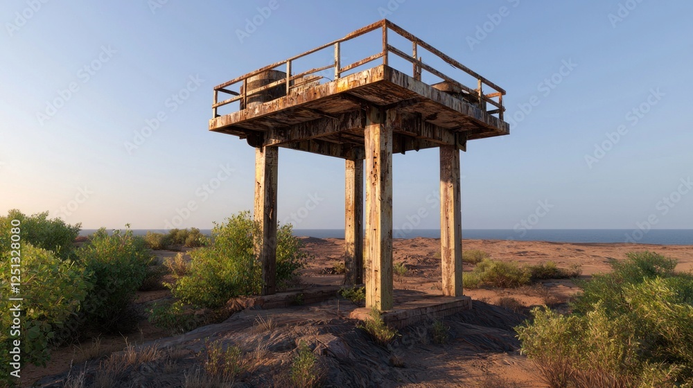 Abandoned lookout tower on rocky terrain with overgrown vegetation and ocean backdrop Abandoned lookout tower on rocky terrain with overgrown vegetation and ocean backdrop