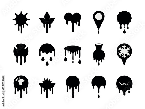 A collection of black and white dripping liquid icons in various shapes.