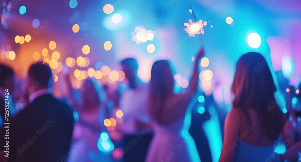 A group of people are dancing at a party with lights and sparklers A group of people are dancing at a party with lights and sparklers