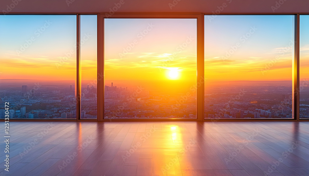 Stunning sunset cityscape viewed from a modern apartment's large window, showcasing a panoramic city view at golden hour. Stunning sunset cityscape viewed from a modern apartment's large window, showcasing a panoramic city view at golden hour.