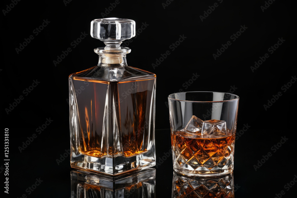 Stylish whiskey decanter with glass filled with bourbon and ice against black background Stylish whiskey decanter with glass filled with bourbon and ice against black background
